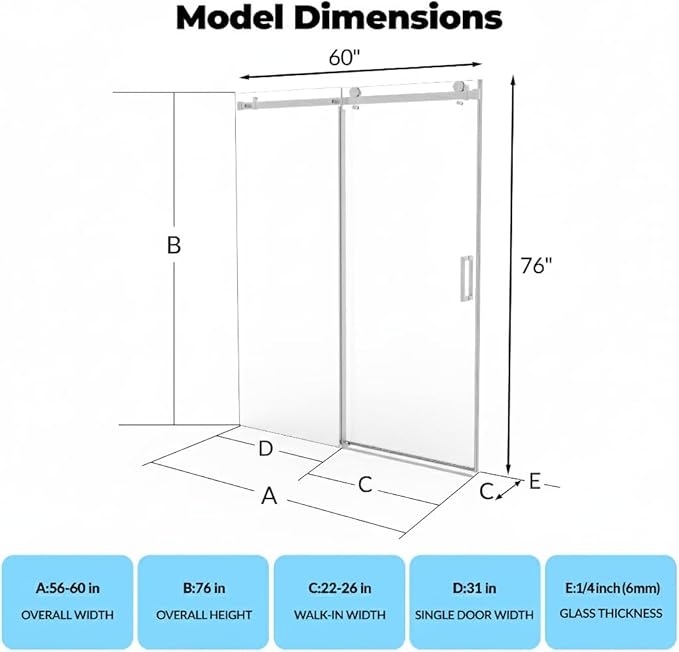 Sliding Shower Door 56–60 inch W× 76 inch H, Frameless Glass Shower Door with Square Stainless Steel Track and 55mm Rollers, 6mm Tempered Glass, Modern Sliding Shower Doors for Bathroom Remodeling