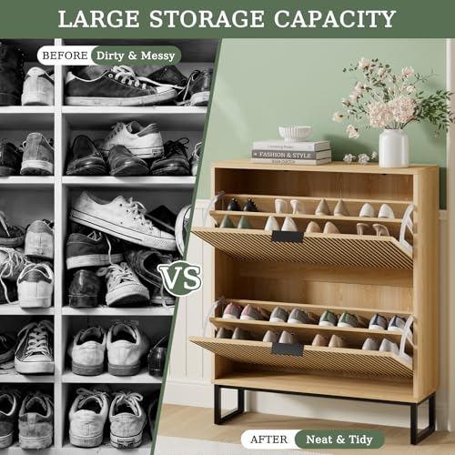 Shoe Cabinet Storage with 2 Flip Drawers and Metal Legs, Natural - Image 7