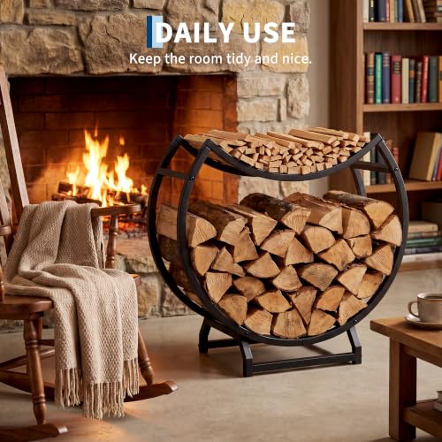 23" Round Firewood Rack with Kindling Tray, Metal Log - Image 4