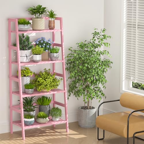 Pink Ladder Shelf, 4-Tier Bamboo Bookshelf & Bookcase Organizer - Image 8