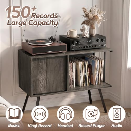 Record Player Stand with Flip-Down Record Shelf, Gray - Image 6