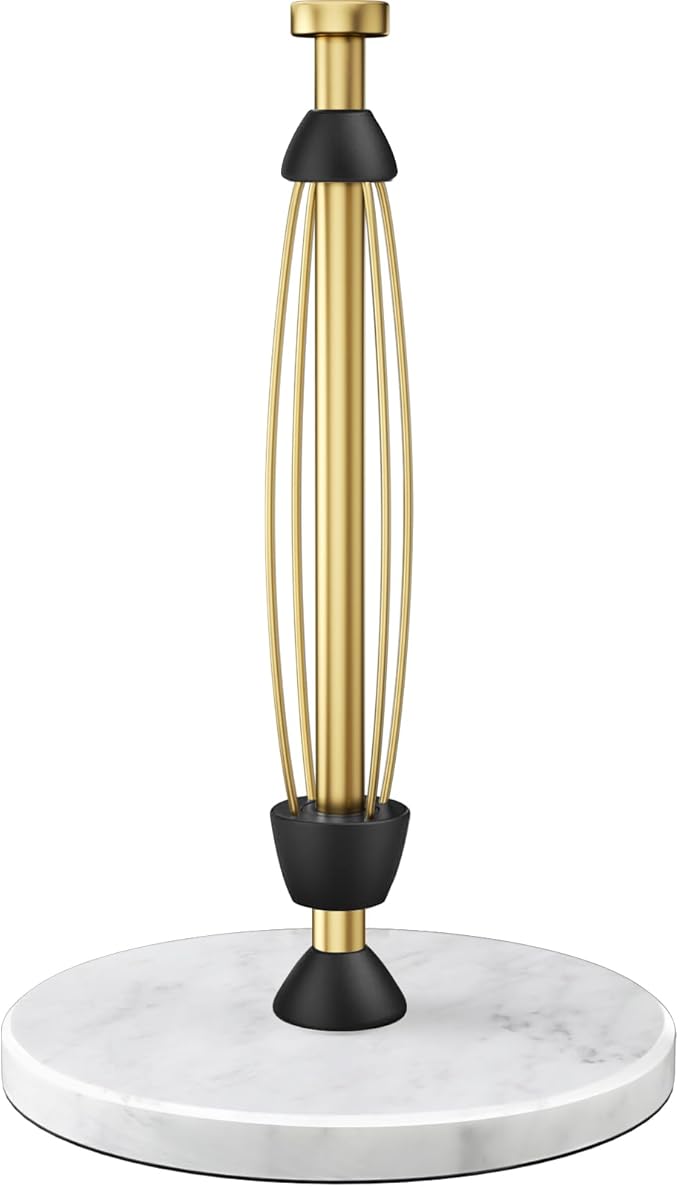 Marble Paper Towel Holder Countertop, Gold, Stainless Steel, One-Handed Tear, Freestanding Paper Towel Stand Rack with Ratchet Mechanism for Kitchen Toilet Bathroom Essentials Decor Accessories