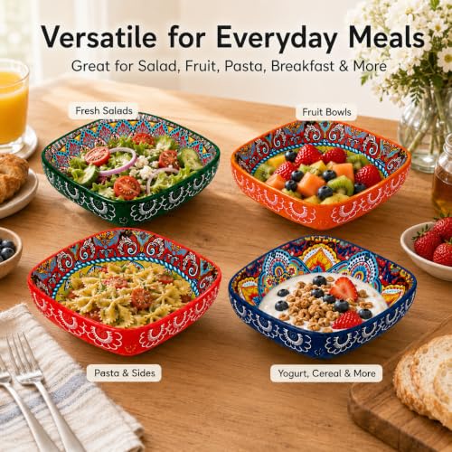 Bohemian Ceramic Bowl Set of 4, 12 oz Square Bowls - Image 4