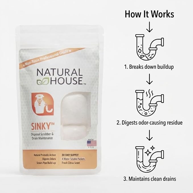 Natural House Sinky - Probiotic Garbage Disposal & Drain Cleaner Pods - Breaks Down Grease - Citrus Scent - Septic Safe - 60 Count