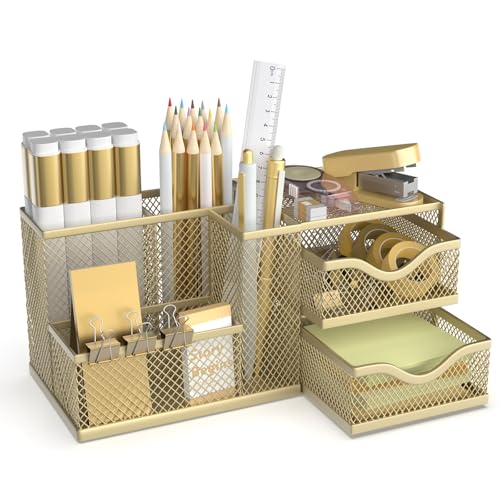 Mesh Desk Organizer with 2 Drawers, Metal Pen Holder for Desk - Image 2