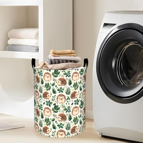 Cute Hedgehog with Green Leaf Laundry Basket with Handles - Image 3
