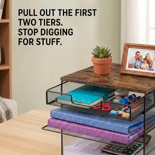 4-Tier Desk Organizer with Drawer Wood Top Paper Tray File - Image 7