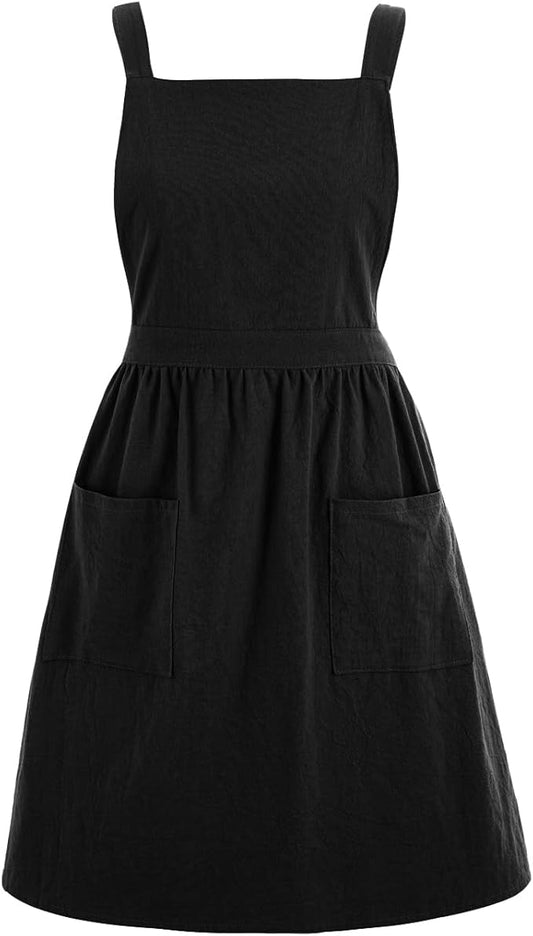 Cotton Linen Pinafore Apron Dress for Women with Pockets Cute Art Chef Aprons for Kitchen Baking Gardening Painting