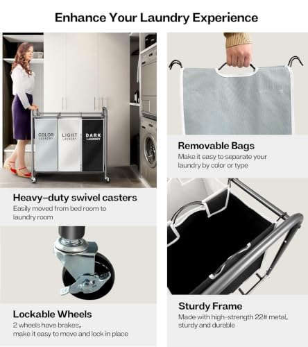 Laundry Sorter Hamper 3 Section, Divided Laundry Basket Organizer - Image 8