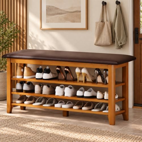Solid Wood Shoe Rack Bench Entryway Storage with Leather - Image 2