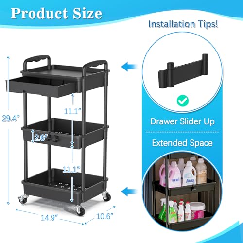 SUNALLY 3 Tier Rolling Cart with Drawer, Craft Storage Cart - Image 3