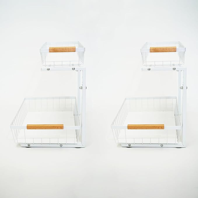 Under Sink Organizer 2 Pack, 2 Tier Pull Out Cabinet Organizers and Storage for Kitchen Bathroom Pantry Laundry, Adjustable Height, Slide Out Thickened Metal Storage Shelf (White, 2 Pack)