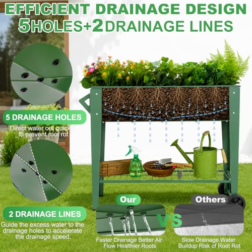 Raised Garden Bed with Legs and Wheels, Metal Outdoor, Green - Image 7
