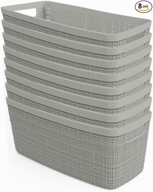 Curver Set of 8 Slim 6.8L Jute Decorative Plastic Organization and Storage Baskets - Perfect Bins for Home Office, Closet Shelves, Kitchen Pantry and All Bedroom Essentials, Grey