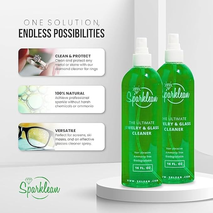 SPARKLEAN Jewelry & Glass Cleaner Spray (32 Oz) - Biodegradable, Ammonia-Free Solution for Gold, Silver & Diamond Rings - Safe for Ultrasonic Machines - Eco-Friendly - Bulk Size