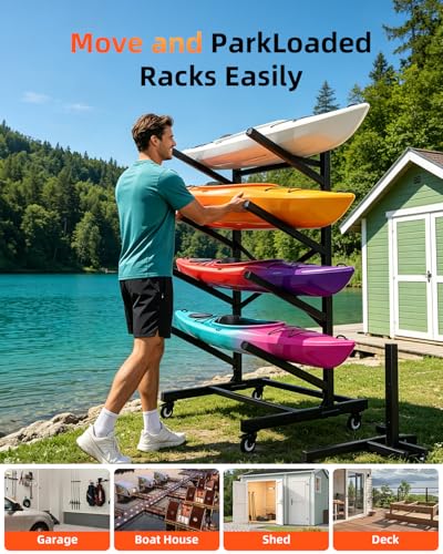 4-Tier Single-Sided Kayak Storage Rack with Wheels, Heavy - Image 8