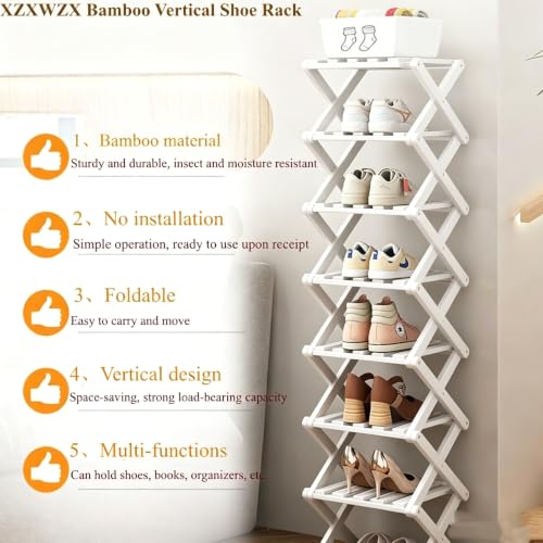 8 Tier Foldable Shoe Rack, Bamboo Vertical Shoe Organizer Tall - Image 5