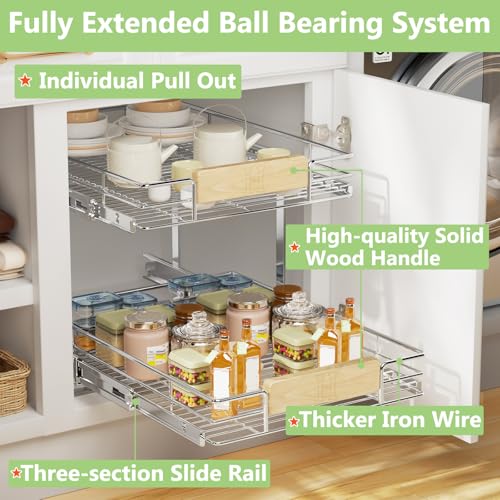 2 Tier Pull Out Cabinet Organizer with Wooden Handle, 16½" W x - Image 3