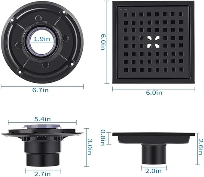 ELLO&ALLO Shower Floor Drain with Flange,Quadrato Pattern Grate Removable 6 Inch Square, SUS 304 Stainless Steel, Matte Black