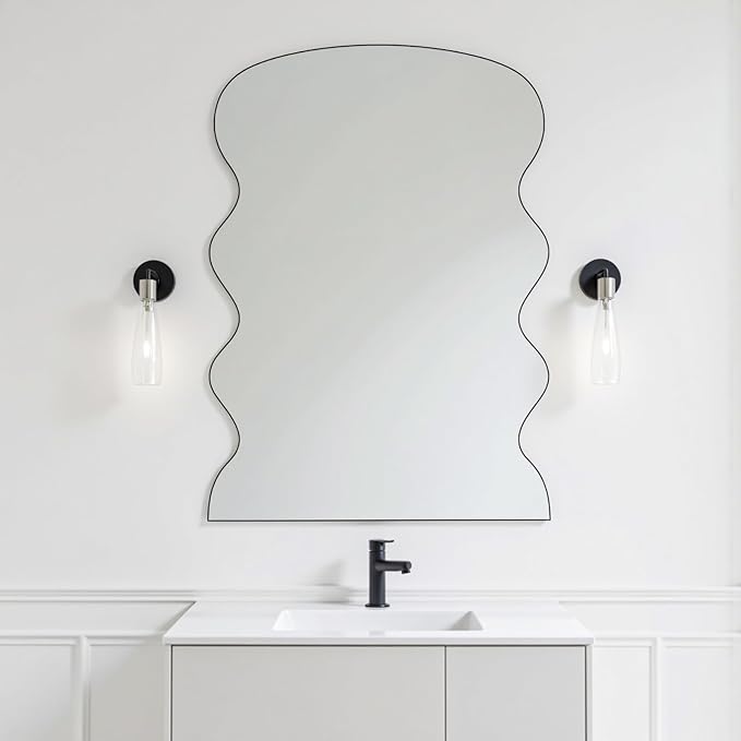 Rectangle Wavy Wall Mirror for Bathroom,20"x28" Black Scalloped Wood Frame Vanity Mirror Decorative for Bedroom Living Room Home House Office Entryway