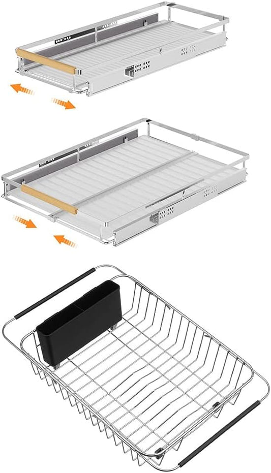 SANNO Expandable Pull Out Cabinet Organizer Kitchen Sliding Shelf Under Sink Shelf, Expandable Drawer Shelves with Sliding Expandable Dish Drying Rack Over The Sink Dish Drainer Dish Rack