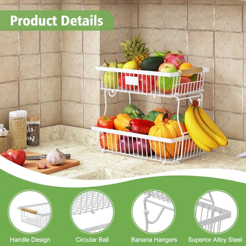 2 Tier Fruit Basket for Kitchen Counter with 2 Banana Hangers - Image 5