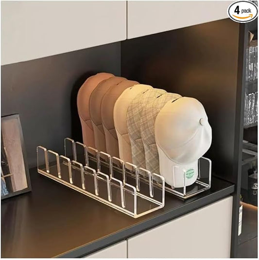 Acrylic Baseball Cap Organizer Rack 4-Pack - Holds 28 Hats, No Install Space Saving Display Stand for Closet, Bedroom, Entryway (Clear)