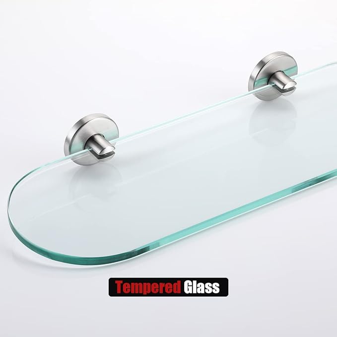 JQK Bathroom Glass Shelf Brushed Steel, Tempered Glass Shower Storage 16 by 5 inches, 304 Stainless Steel Brushed Wall Mount 2 Pack, TGS121L16-BN-P2