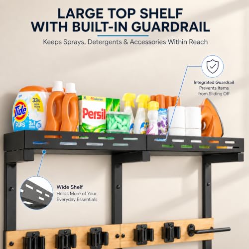 Broom and Mop Holder Wall Mount With Shelf and Vacuum Holder - Image 5