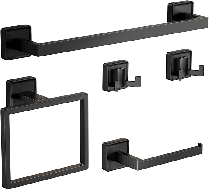 Towel bar Set, 5-Piece Bathroom Hardware Set, 5-Piece Bathroom Accessories Set, Stainless Steel Towel bar Set, 16-inch Towel Rack Set, Matte Black, Wall-Mounted Bathroom Towel Rack