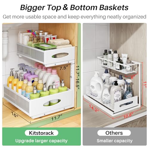 Under Sink Organizer, 2-Pack Pull Out Cabinet Organizer 2 Tier Metal Slide Out Storage Shelf Rack, L-Shaped Adjustable Height,Mesh Sliding Drawer for Kitchen, Bathroom, Laundry, Pa - Image 4