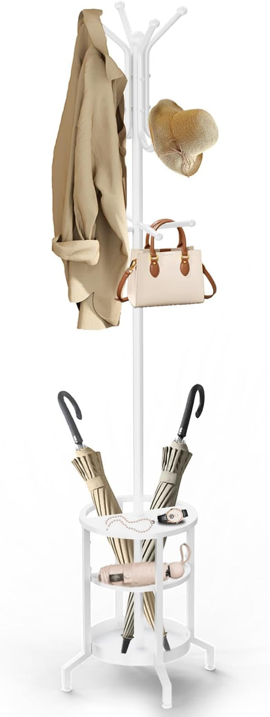 Coat Rack Freestanding, Coat Stand with Umbrella Holder, Metal Coat Tree with 12 Hooks, Coat Hanger Stand for Entryway, Coat Rack Stand for Bedroom, Living Room & Office