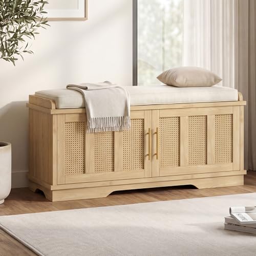 Heybly Shoe Cabinet with Bench, Rattan Storage Bench with Cushion - Image 2