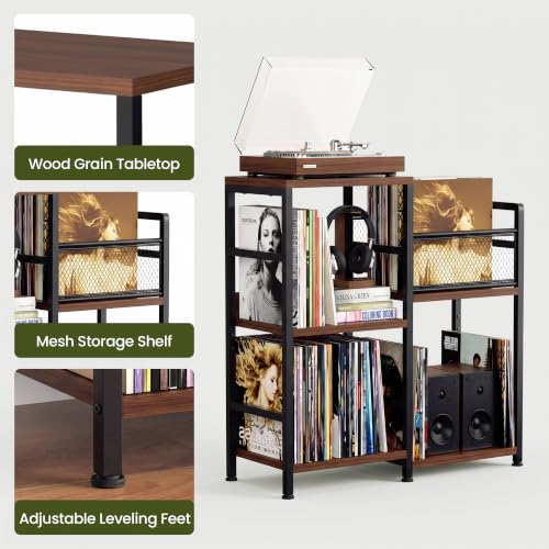 Record Player Stand with Outlet and Vinyl Storage, Warm Acacia - Image 5