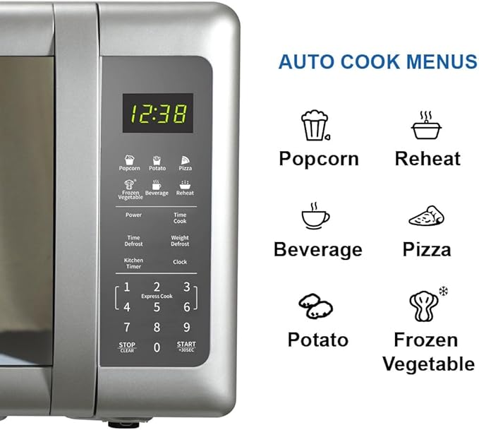 Emerson MW7601SL-N Countertop Microwave Oven with Sleek Mirrored Finish Glass Door 700W, 10 Power Levels and 6 Pre-Programmed Settings with Child Safe Lock, 0.7 Cu. Ft, Silver