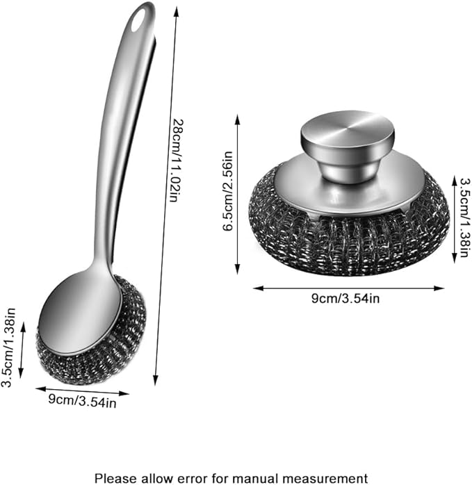Steel Wool Dish Scrubber, Stainless Steel Scrubber Long Handle with Replacement Balls Ergonomic Design for Dishes, Pans, Grills, Stoves