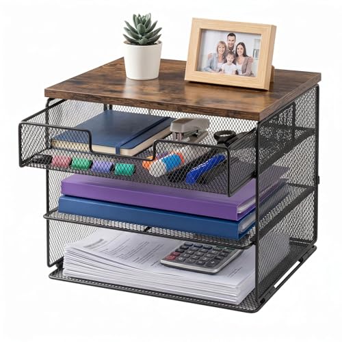 4-Tier Desk Organizer with Drawer Wood Top Paper Tray File - Image 2