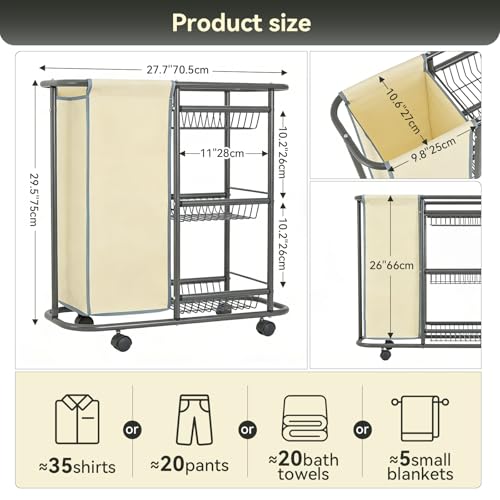 Slim Laundry Cart with Wheels, 3 Tier Rolling Laundry Sorter - Image 3