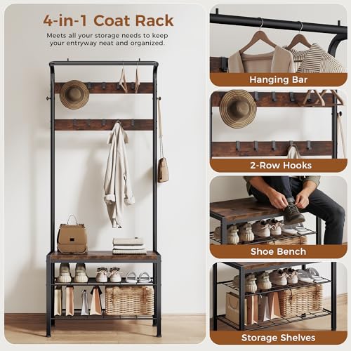 DUMOS 5-in-1 Hall Tree with Coat Rack and Shoe Bench - Image 4