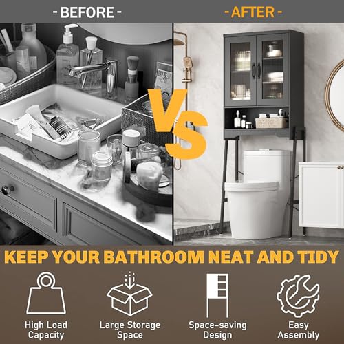 Over The Toilet Storage Cabinet with Tempered Glass Doors & - Image 5
