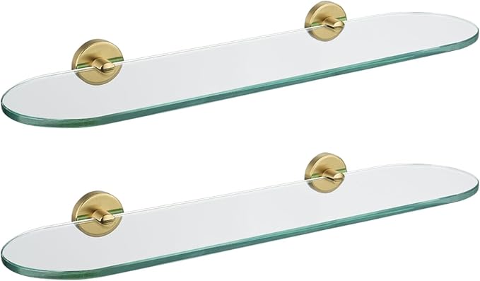 JQK Bathroom Glass Shelf, Floating Tempered Glass Shower Storage 20 by 5 inches, 304 Stainless Steel Brushed Gold Wall Mount 2 Pack 2 Pack, TGS121L20-BG-P2