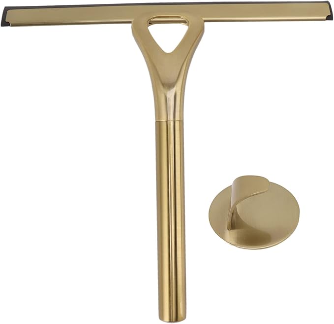 Shower Door Squeegee, Stainless Steel Shower Glass Cleaner Squeegee with Hook, 8.9x8.7in Household Wiper Gold, Versatile Shower Squeegee for Glass Doors, Window, Car