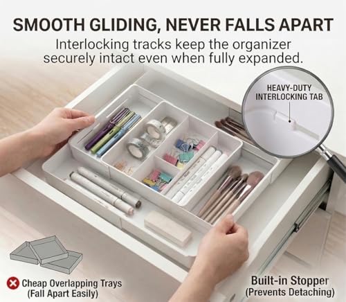 4-Way Expandable Drawer Organizer, 2.2" Low Profile Tray, White - Image 3