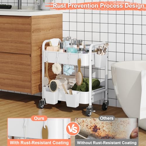 2 Tier Small Rolling Cart Metal with Wheels, White Under Desk - Image 4