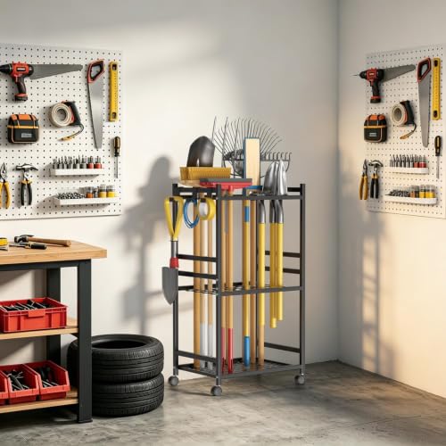 Garden Tool Organizer with Wheels, Yard Tool Rack with 3 - Image 3