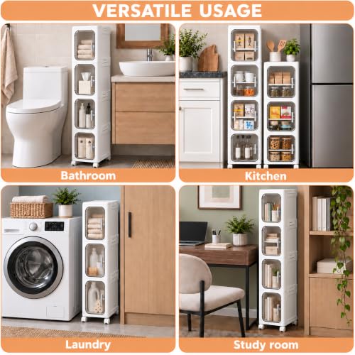Narrow Slim Bathroom Storage Cabinet with Wheels, 4-Tier White - Image 6