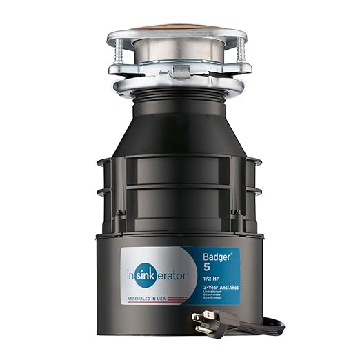 InSinkErator Garbage Disposal, Badger 5, Standard Series, 1/2 HP Continuous Feed, Black & Garbage Disposal Power Cord Kit, CRD-00, Black, Pack of 1
