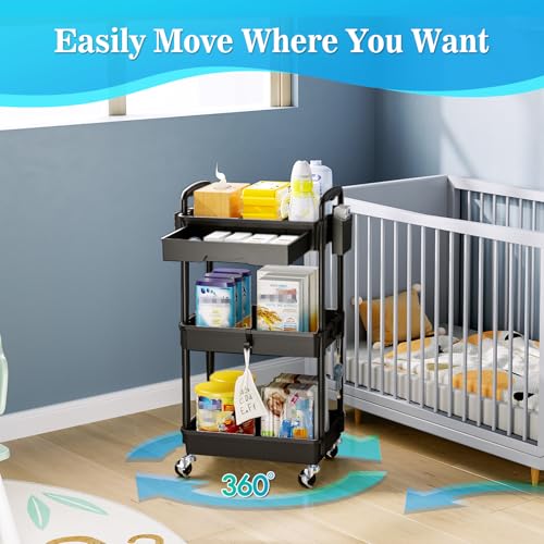 SUNALLY 3 Tier Rolling Cart with Drawer, Craft Storage Cart - Image 6