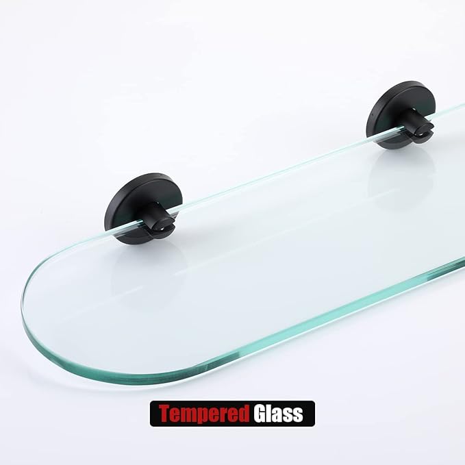 JQK Bathroom Glass Shelf Black, Tempered Glass Shower Storage 16 by 5 inches, 304 Stainless Steel Matte Black Wall Mount 2 Pack, TGS121L16-PB-P2