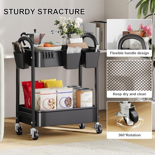 2 Tier Rolling Cart Metal on Wheels,Two Tiered Short Side Table - Image 7